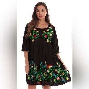 Riviera Sun Rayon Crepe Short Black Dress with Multicolored Embroidery No Size